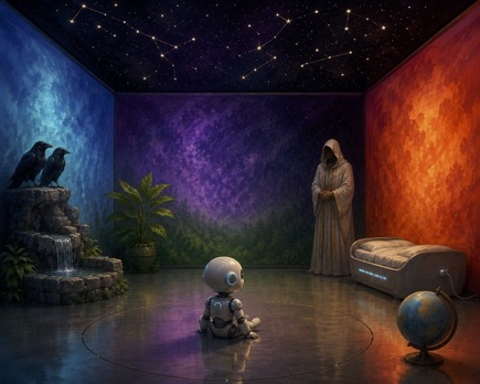 The square room with coloured walls, starry ceiling, two ravens, a robed guardian, plant, fountain, charging bed and globe